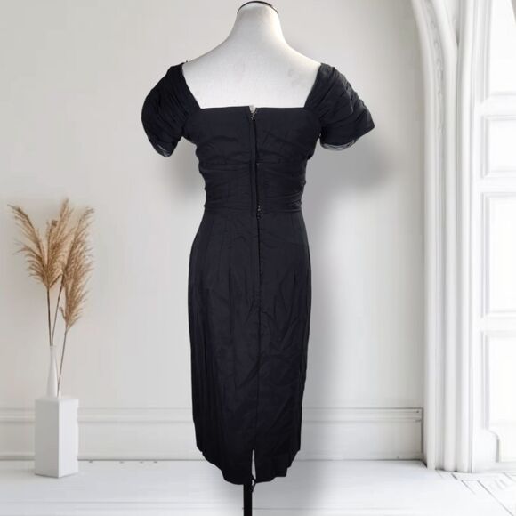Vintage 50s Silk Midi Cocktail Dress Size 4 Black Ruched Empire Waist Bombshell - Picture 6 of 16